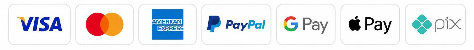 Métodos de pago aceptados: Visa, Mastercard, American Express, PayPal, Google Pay, Apple Pay y Pix