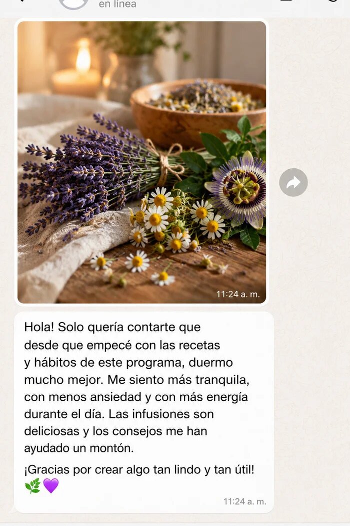 Testimonio de WhatsApp sobre bienestar entre flores y hierbas